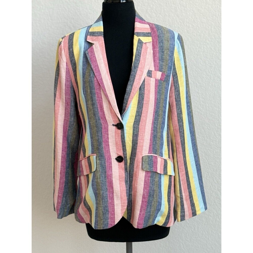 Current Air Women’s Med‎ Rainbow Striped Blazer Linen Blend Academia Preppy - Picture 2 of 9